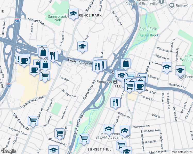 map of restaurants, bars, coffee shops, grocery stores, and more near 829 Bronx River Road in Yonkers