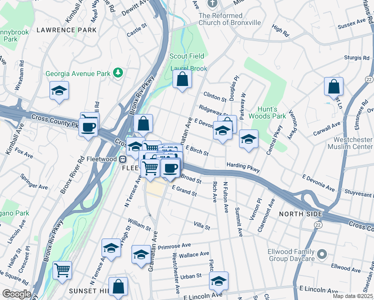 map of restaurants, bars, coffee shops, grocery stores, and more near 12 East Birch Street in Mount Vernon