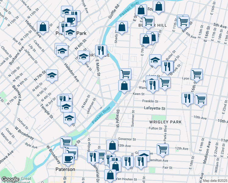 map of restaurants, bars, coffee shops, grocery stores, and more near 15 Watson Street in Paterson