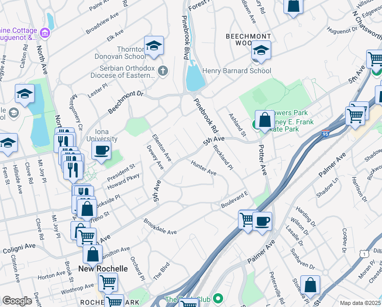 map of restaurants, bars, coffee shops, grocery stores, and more near 292 5th Ave in New Rochelle
