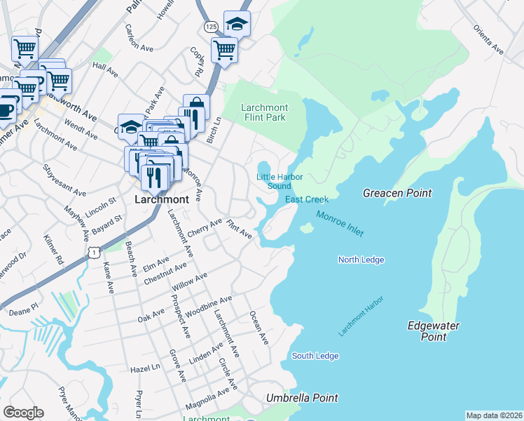 map of restaurants, bars, coffee shops, grocery stores, and more near 25 Shore Drive in Larchmont