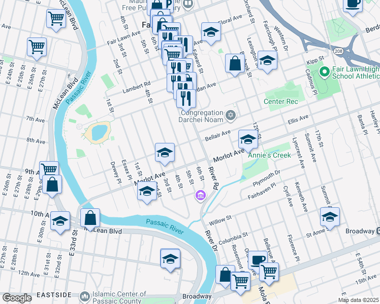map of restaurants, bars, coffee shops, grocery stores, and more near 7-04 6th Street in Fair Lawn