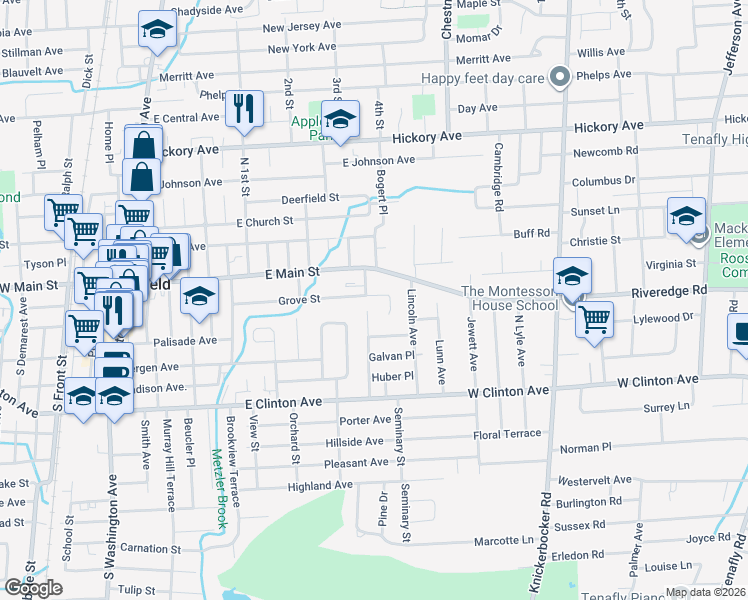 map of restaurants, bars, coffee shops, grocery stores, and more near 124 Grove Street in Bergenfield