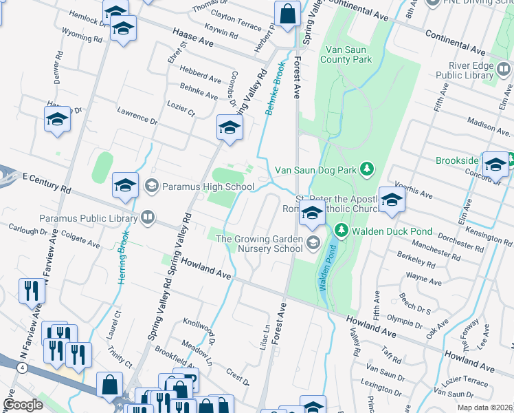 map of restaurants, bars, coffee shops, grocery stores, and more near 159 Village Circle West in Paramus