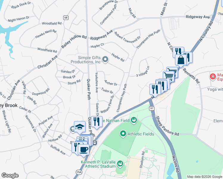 map of restaurants, bars, coffee shops, grocery stores, and more near 10 Tudor Drive in Stony Brook