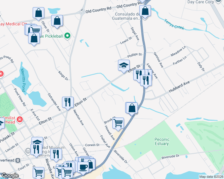 map of restaurants, bars, coffee shops, grocery stores, and more near 19 Blackberry Commons in Riverhead