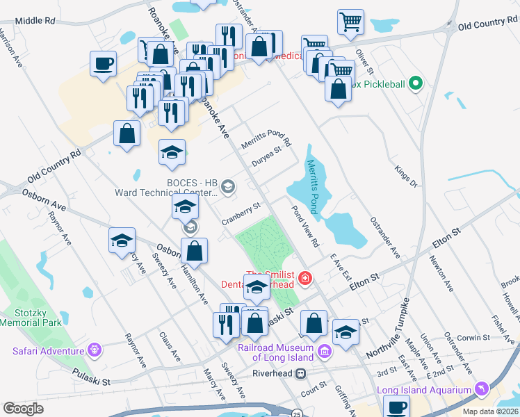 map of restaurants, bars, coffee shops, grocery stores, and more near 951 Roanoke Avenue in Riverhead
