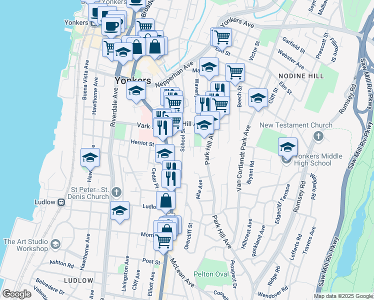map of restaurants, bars, coffee shops, grocery stores, and more near 30 Herriot Place in Yonkers