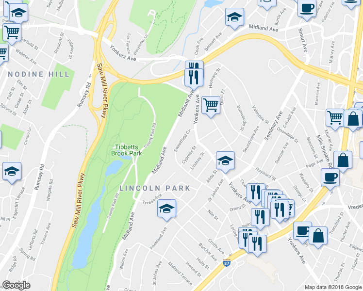 map of restaurants, bars, coffee shops, grocery stores, and more near 41 Sweetfield Circle in Yonkers