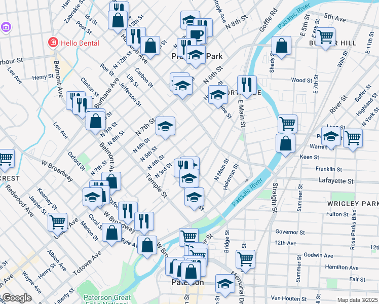 map of restaurants, bars, coffee shops, grocery stores, and more near 121 North 3rd Street in Paterson