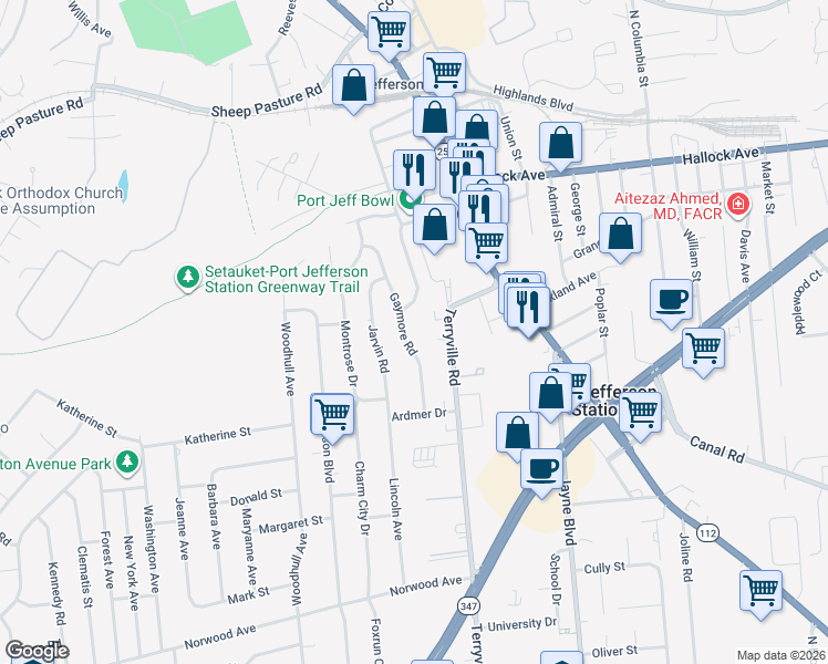 map of restaurants, bars, coffee shops, grocery stores, and more near 51 Gaymore Road in Port Jefferson Station
