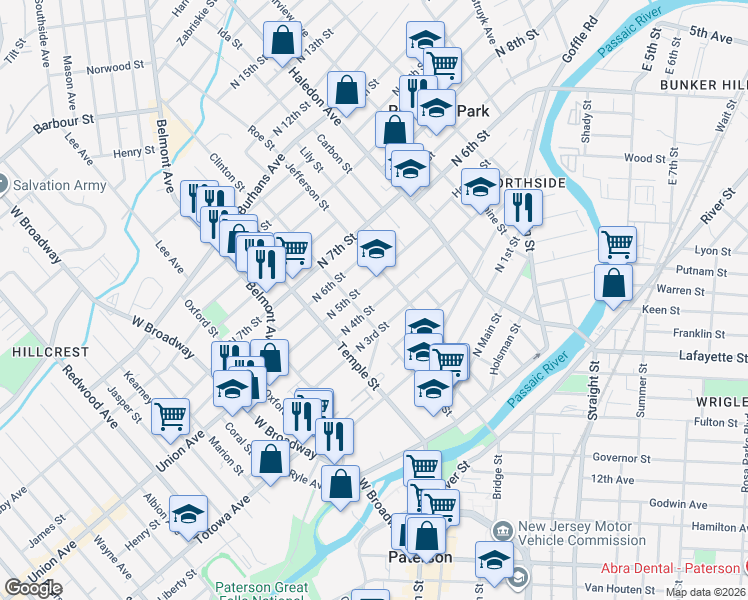 map of restaurants, bars, coffee shops, grocery stores, and more near 99 North 4th Street in Paterson