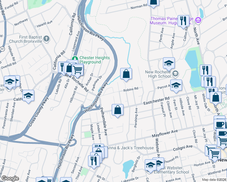 map of restaurants, bars, coffee shops, grocery stores, and more near 5 Robins Crescent in New Rochelle
