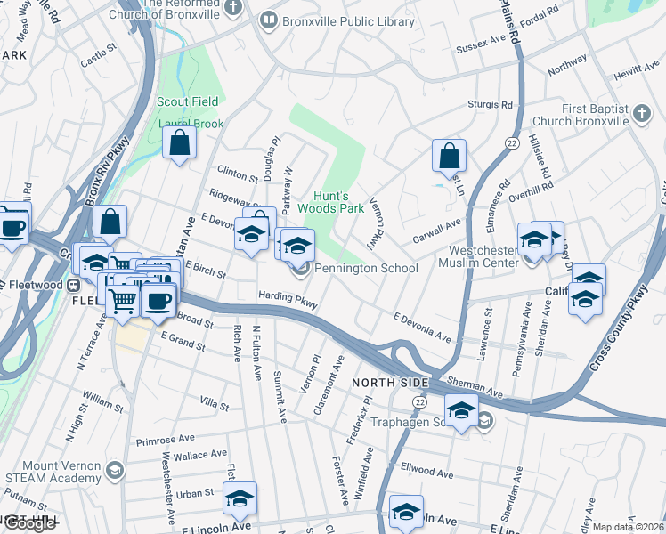 map of restaurants, bars, coffee shops, grocery stores, and more near 115 Central Parkway in Mount Vernon
