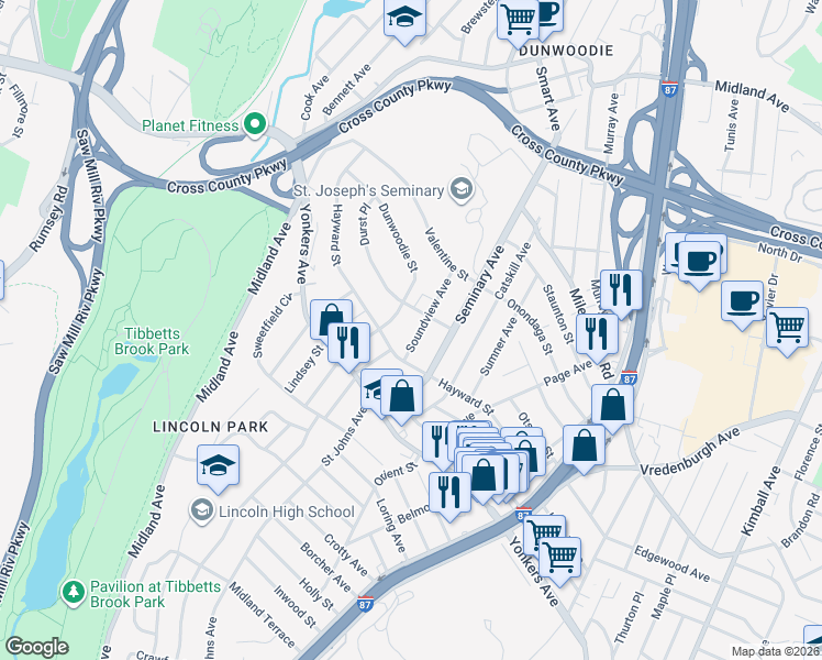 map of restaurants, bars, coffee shops, grocery stores, and more near 37 Soundview Avenue in Yonkers