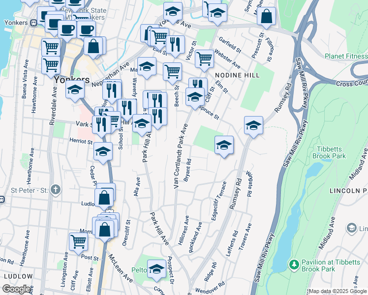 map of restaurants, bars, coffee shops, grocery stores, and more near 74 Bryant Road in Yonkers