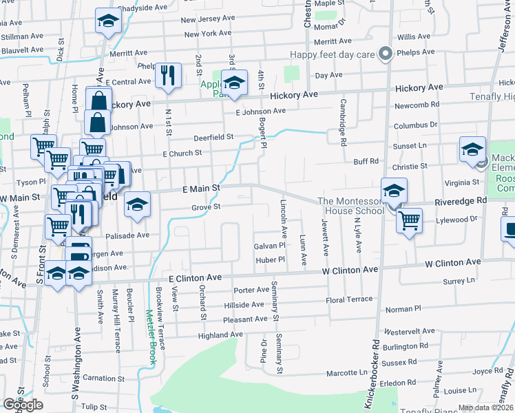 map of restaurants, bars, coffee shops, grocery stores, and more near 124 Grove Street in Bergenfield