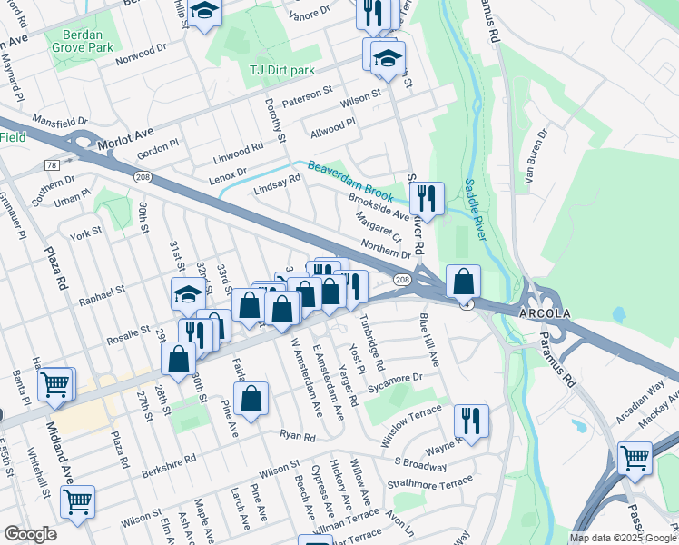 map of restaurants, bars, coffee shops, grocery stores, and more near 3809 Dobrin Court in Fair Lawn