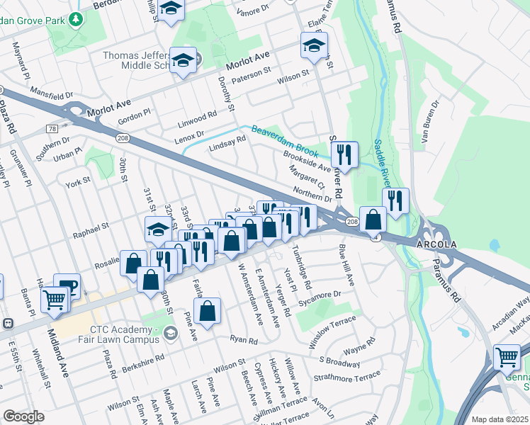 map of restaurants, bars, coffee shops, grocery stores, and more near 1-45 37th Street in Fair Lawn