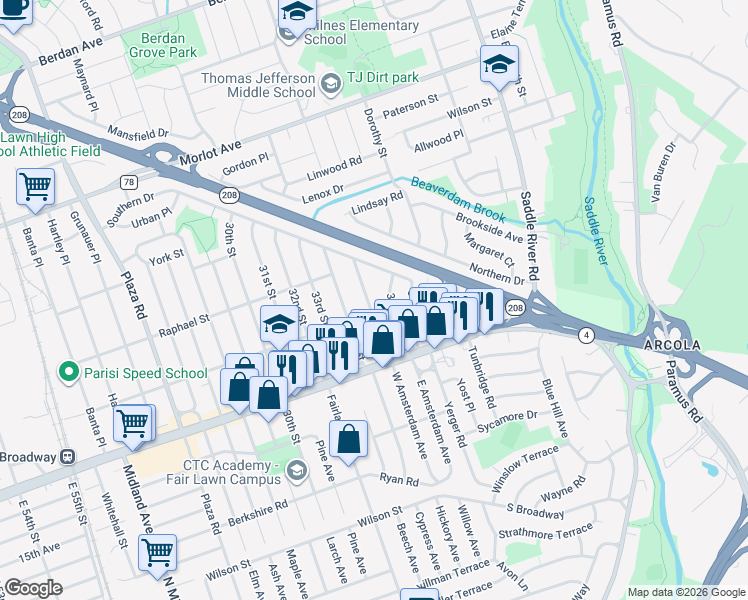map of restaurants, bars, coffee shops, grocery stores, and more near 2-6 36th Street in Fair Lawn