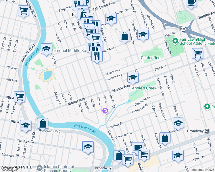 map of restaurants, bars, coffee shops, grocery stores, and more near 6-10 River Road in Fair Lawn