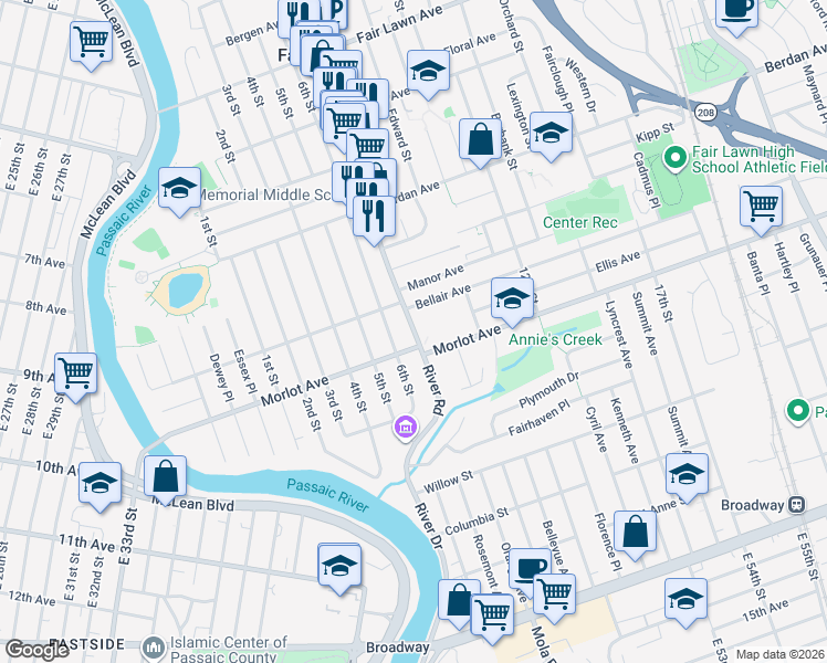 map of restaurants, bars, coffee shops, grocery stores, and more near 6-10 River Road in Fair Lawn