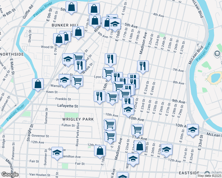 map of restaurants, bars, coffee shops, grocery stores, and more near 231 Warren Street in Paterson