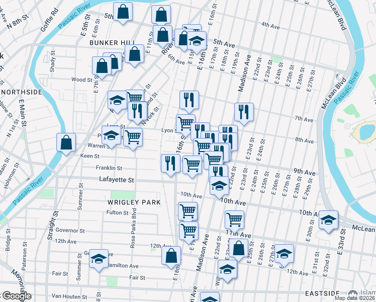 map of restaurants, bars, coffee shops, grocery stores, and more near 231 Warren Street in Paterson