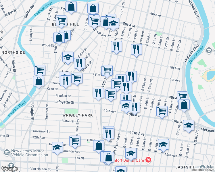 map of restaurants, bars, coffee shops, grocery stores, and more near 231 Warren Street in Paterson