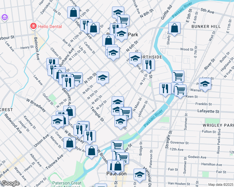 map of restaurants, bars, coffee shops, grocery stores, and more near 121 North 3rd Street in Paterson