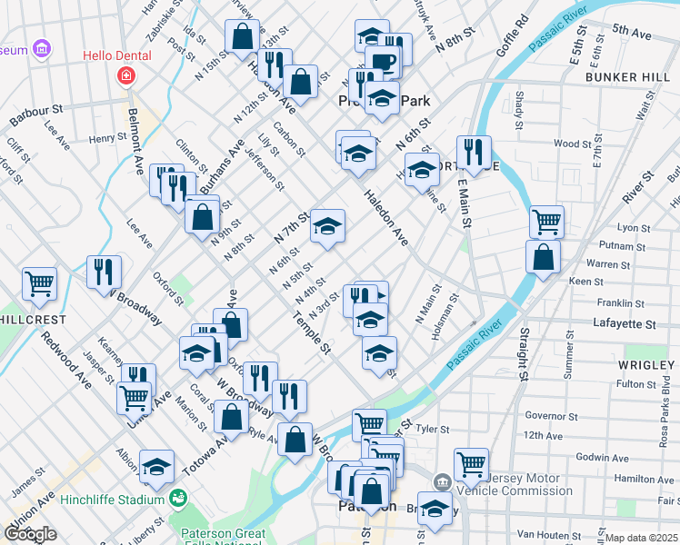 map of restaurants, bars, coffee shops, grocery stores, and more near 99 North 4th Street in Paterson