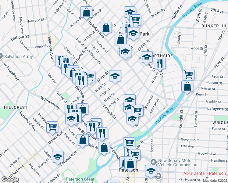 map of restaurants, bars, coffee shops, grocery stores, and more near 99 North 4th Street in Paterson