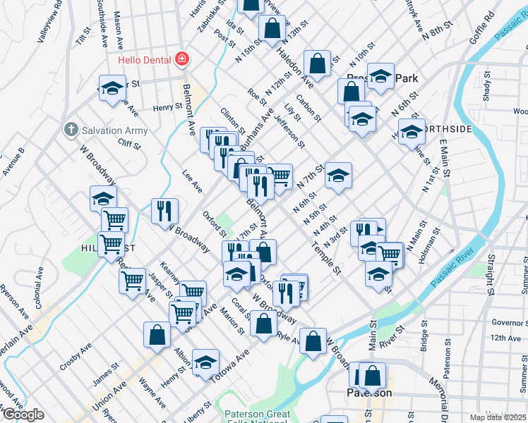 map of restaurants, bars, coffee shops, grocery stores, and more near 98 Belmont Avenue in Paterson