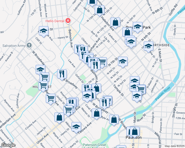 map of restaurants, bars, coffee shops, grocery stores, and more near 98 Belmont Avenue in Paterson