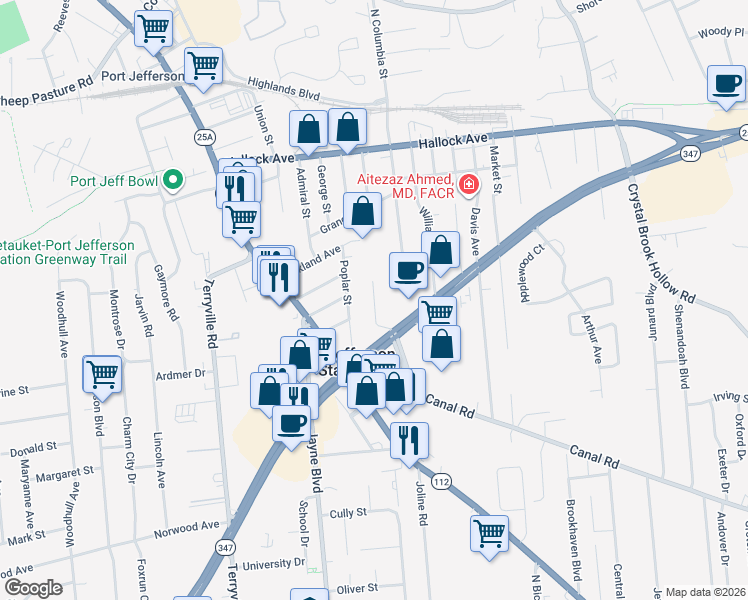 map of restaurants, bars, coffee shops, grocery stores, and more near 13 Sylvan Lane in Port Jefferson Station