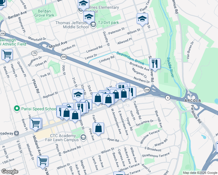 map of restaurants, bars, coffee shops, grocery stores, and more near 2-6 36th Street in Fair Lawn