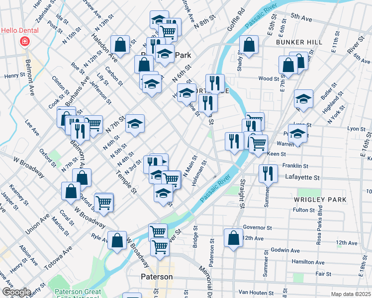 map of restaurants, bars, coffee shops, grocery stores, and more near 21 Haledon Ave in Paterson