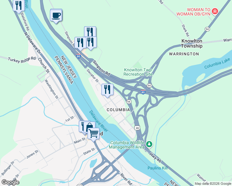 map of restaurants, bars, coffee shops, grocery stores, and more near 2 Columbia Street in Knowlton Township