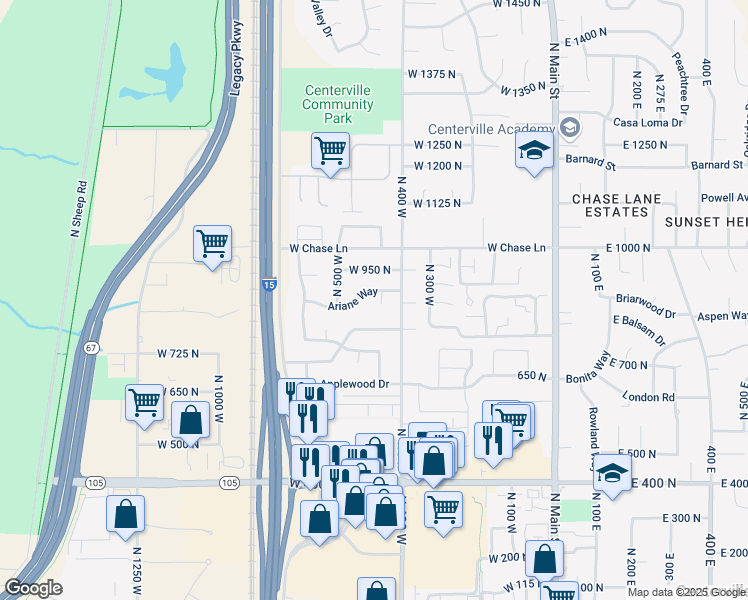 map of restaurants, bars, coffee shops, grocery stores, and more near 873 Camille Circle in Centerville