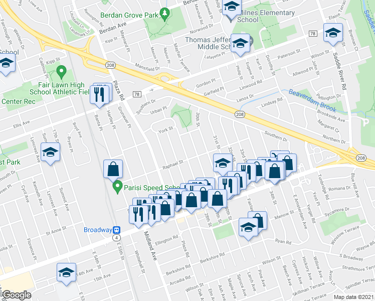map of restaurants, bars, coffee shops, grocery stores, and more near 3-15 28th Street in Fair Lawn