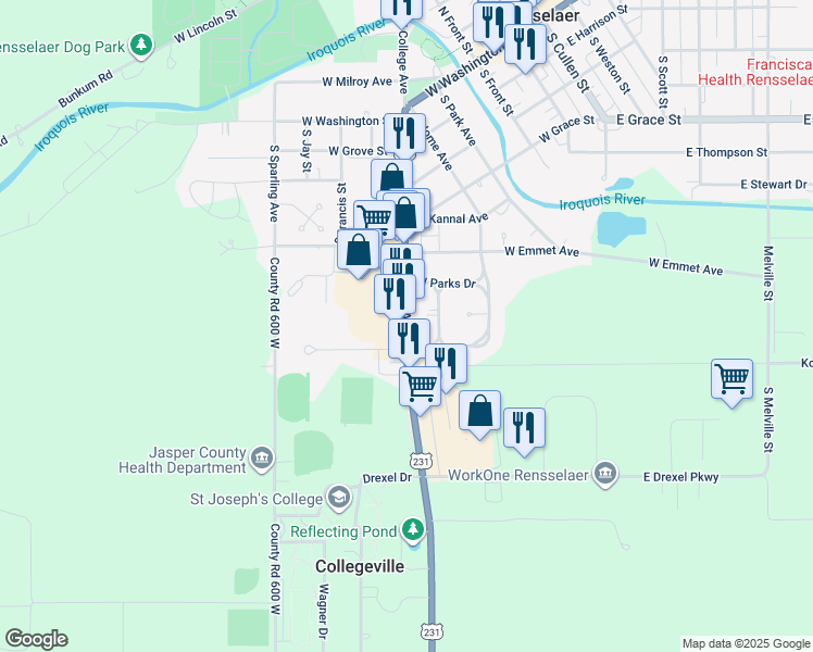 map of restaurants, bars, coffee shops, grocery stores, and more near 693 South College Avenue in Rensselaer