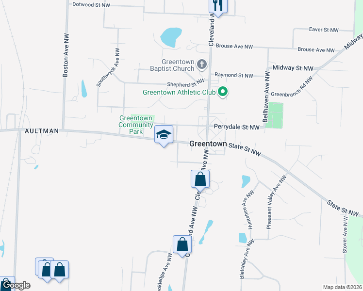 map of restaurants, bars, coffee shops, grocery stores, and more near 3260 State St NW in North Canton