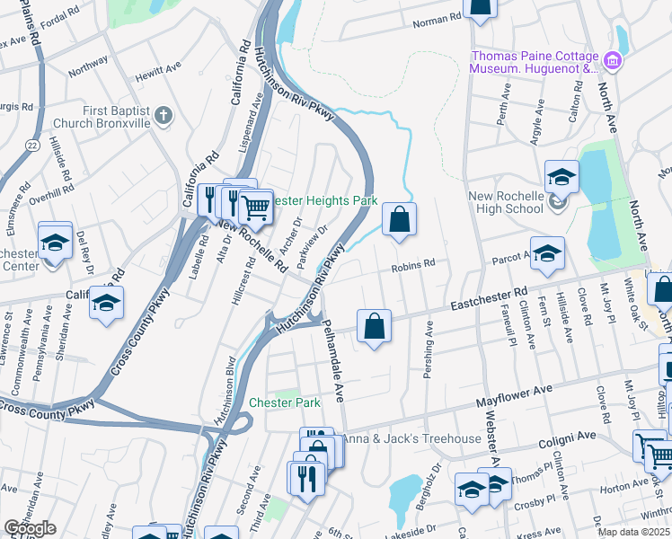 map of restaurants, bars, coffee shops, grocery stores, and more near 63 Robins Crescent in New Rochelle