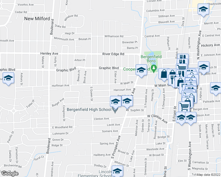map of restaurants, bars, coffee shops, grocery stores, and more near 17 South Vivyen Street in Bergenfield