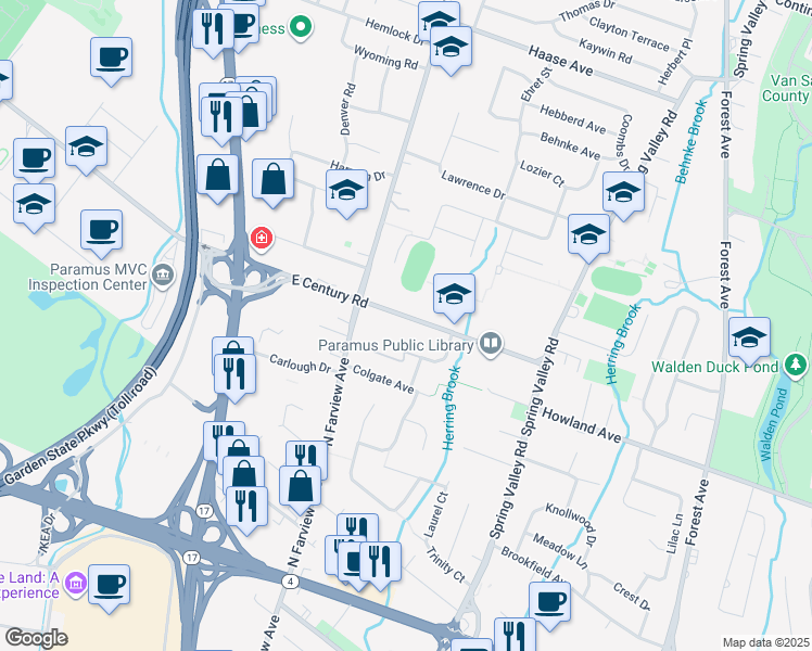 map of restaurants, bars, coffee shops, grocery stores, and more near 76 East Century Road in Paramus
