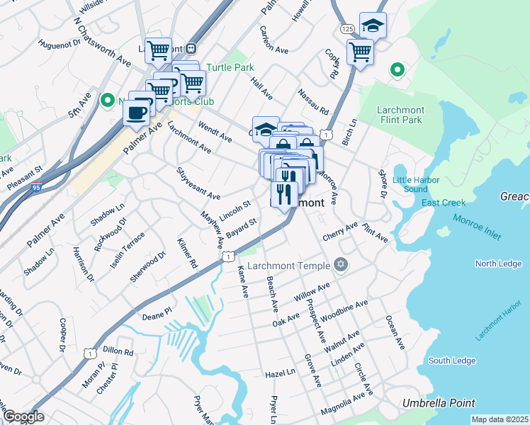 map of restaurants, bars, coffee shops, grocery stores, and more near 145 Beach Avenue in Larchmont