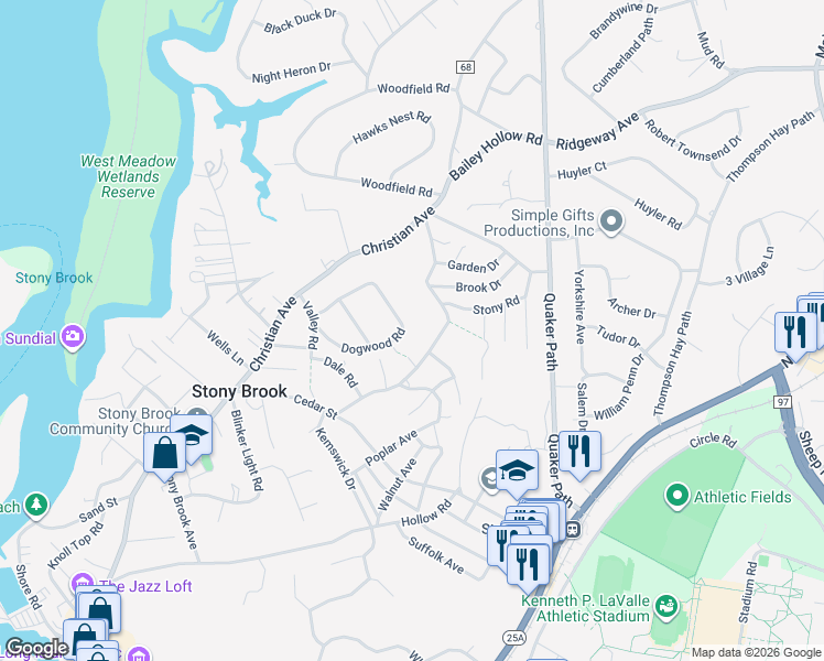 map of restaurants, bars, coffee shops, grocery stores, and more near 14 Dogwood Road in Stony Brook