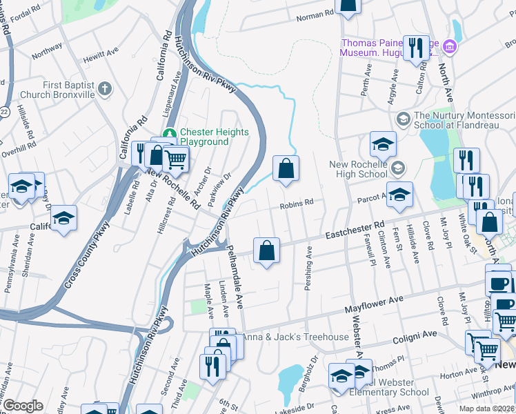 map of restaurants, bars, coffee shops, grocery stores, and more near 5 Robins Crescent in New Rochelle