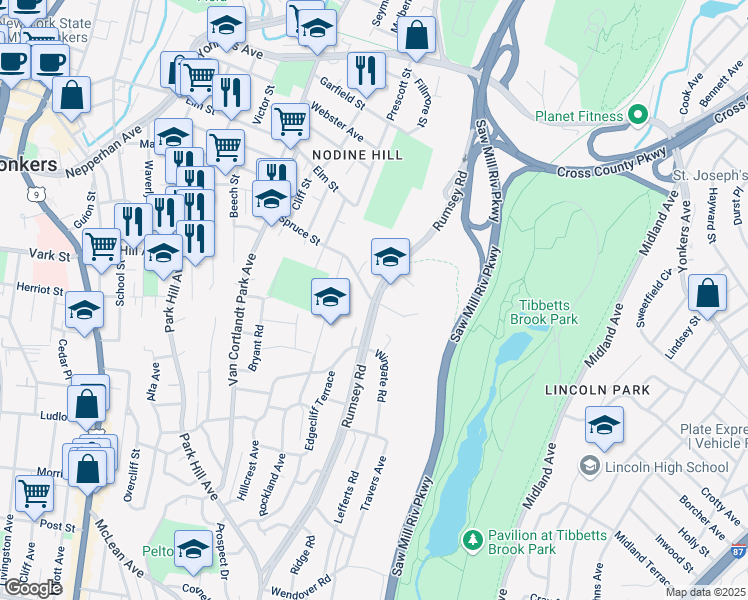 map of restaurants, bars, coffee shops, grocery stores, and more near in Yonkers