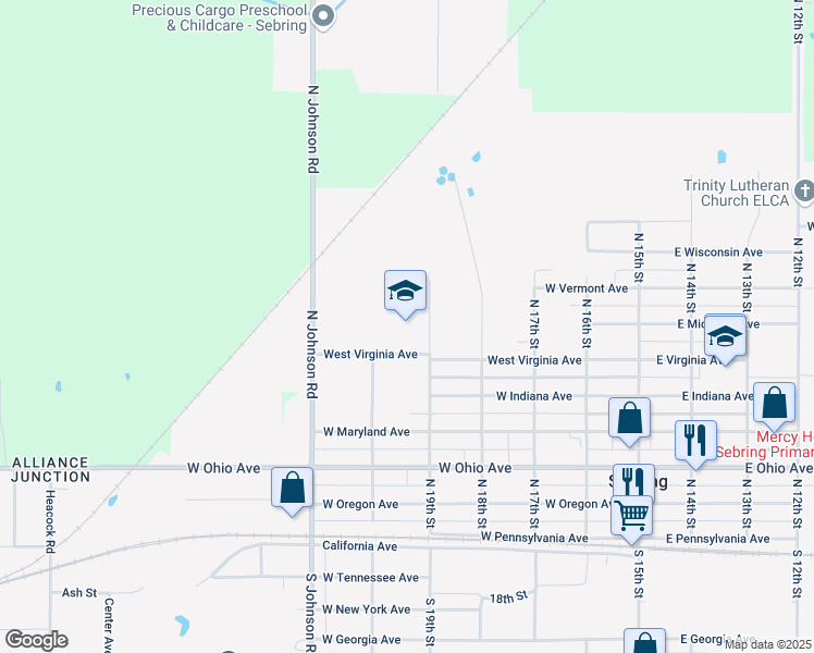 map of restaurants, bars, coffee shops, grocery stores, and more near 506 West Virginia Avenue in Sebring